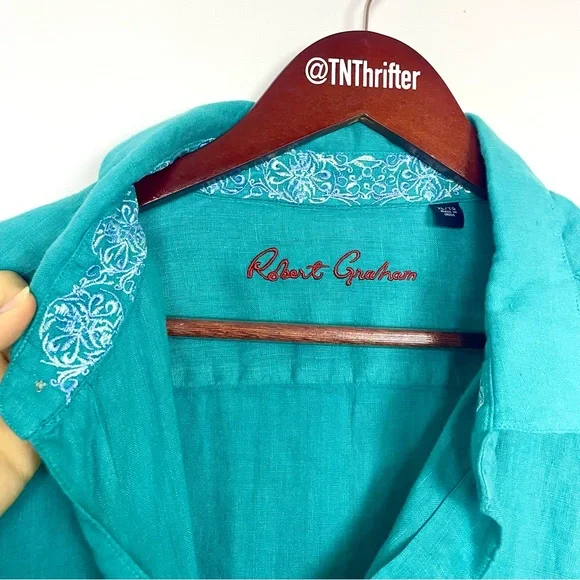 Robert Graham 100% Linen Embroidered Flip Cuff Blue Men's Button-Up Shirt Sz XL - Picture 2 of 16